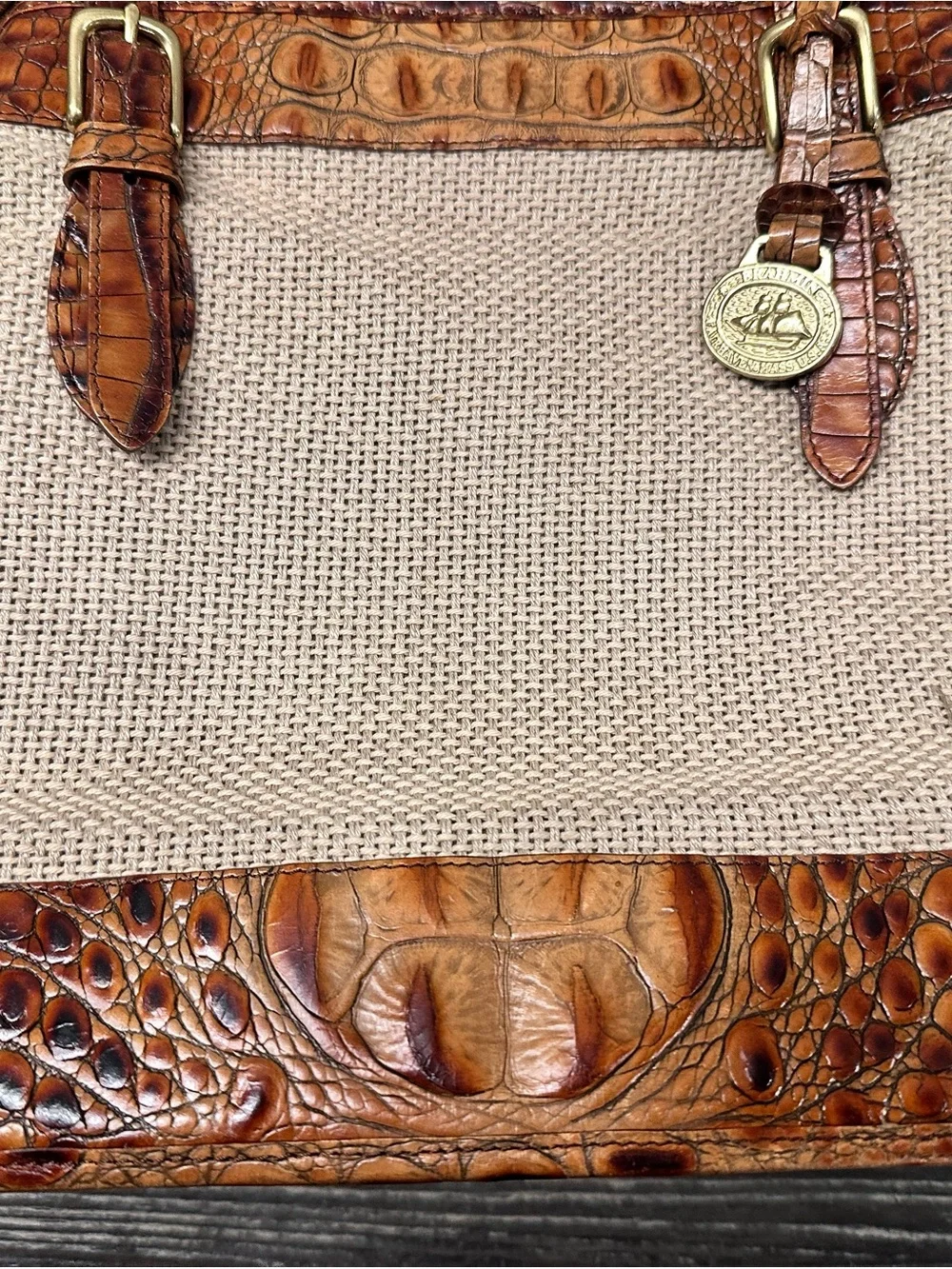 Brahmin Tan Croc-Embossed Leather & Beige Woven Shoulder Bag